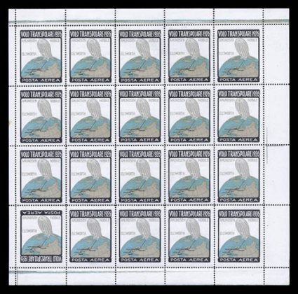 Sanabria S3, S3e, 1926 Polar Flight of the dirigible Norge, a complete sheet of twenty of the special vignette prepared for this flight, with the bottom left position (16)
with inverted frame, well centered, o.g., some minor gum disturbanc
