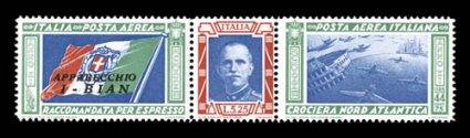 C48-49, 1933 Balbo air post triptychs cplt., each with Bian pilots name in overprint, well centered, o.g., n.h., trivial tone speck on gum of C49, very fine (Sassone 51B-52B
Ç700).
