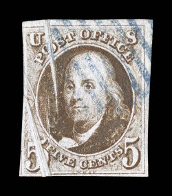 1 var., 5c Brown, pre-printing fold, with large pre-printing folds on the left side, mostly large margins all around, rich color, blue grid cancel, very fine one of the most
dramatic pre-printing folds we have ever seen on an 1847 Issue.