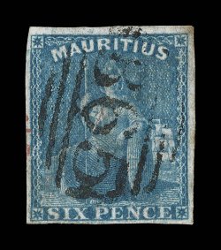 18, 1859 6p Blue, used, with excellent central strike of B65 barred numeral cancel of Rodrigues Island, ample to mostly large margins, rich color, thin spots, very fine
appearance a very rare early classic stamp of Mauritius used from this ti