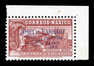 C74S, 1935 20c Amelia Earhart, with Muestra overprint, top right corner margin single, nicely centered and quite fresh except for a tiny toned spot in the top margin only,
o.g., n.h., very fine a rare specimen, which is actually offered with