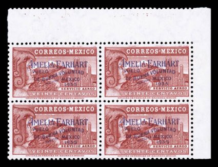 C74S, 1935 20c Amelia Earhart, with Muestra overprint, a striking top right corner margin block of four, well centered and marvelously fresh, pristine o.g., never hinged,
extremely fine an incredible quality showpiece that could very well b