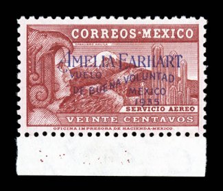 C74, 1935 20c Amelia Earhart, bottom sheet-margin single, exceedingly well centered, strong rich color, o.g., lightly hinged, small owners handstamp on gum, extremely fine a
most desirable example of this rarity, with only 300 printed signed