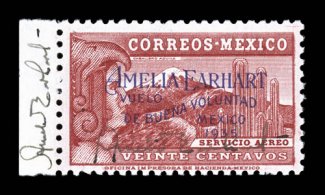 C74, 1935 20c Amelia Earhart, left sheet-margin single, signed by Amelia Earhart in both the selvage and on the stamp, fresh color, o.g., n.h., very fine: quite possibly a
unique example of Earharts signature on this rare stamp 1980 Me