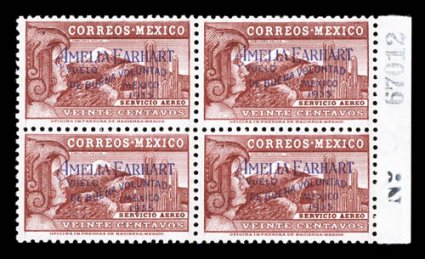 C74, 1935 20c Amelia Earhart, an incredibly rare and handsome right sheet-margin No. 67012 block of four, marvelously bright and fresh, o.g., never hinged, each with a small
light pencil notation on gum, very fine with a total of only 300 s