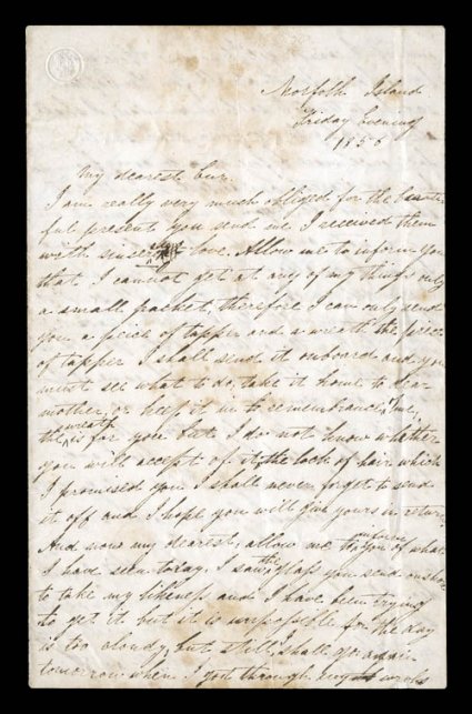 1856 and 1859 - Two of the earliest letters recorded from Norfolk Island, a marvelous pair of small complete letters, each headed Norfolk Islands, from a Harriett Augusta
Quintall as a young, unmarried lady to her boyfriend in the first letter,
