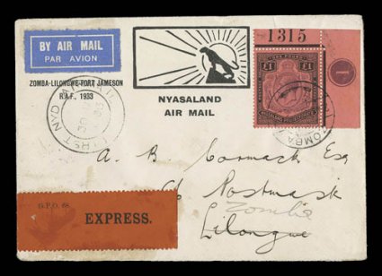 S.G. 98a, 1913-19 £1 Purple and black on red, break in scroll variety, position R112, top right corner margin single with control no. 1 tied by Zomba c.d.s. on 1933 airmail
cover to Lilongwe (backstamped), stamp is exceedingly well centered and
