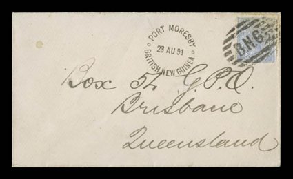 Port Morseby B.N.G. eight bar cancel complete strike tying Queensland 1897 2p Gray blue on cover to Brisbane via Cooktown, unusually sharp strike of Port Moresby British New
Guinea28 Aug 91 rimless c.d.s. alongside, minor soiling at top righ