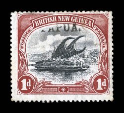 12 var., 1906 1p Carmine and black, with trial PAPUA. overprint in all capital letters, vertical watermark, strong colors, traces of o.g., trivial soiling in a couple perfs.
at top, fine a very rare trial overprint (S.G. 22 var.).