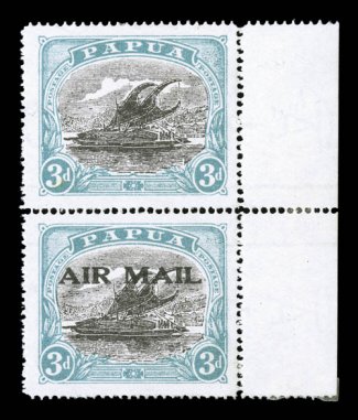 C1b, 1929 3p blue green and dark gray, Ash printing, Air Mail overprint, vertical pair, one without overprint, right margin pair, being positions 20 and 25, unusually bright
and fresh, well centered, o.g., very fine an especially desirable ex