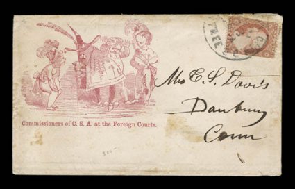 Commission of C.S.A. at the Foreign Court red imprint below clownish design, 3c Red (26) tied by 1861 Washington, D.C. Free pmk. on cover to Danbury, opened at right, slight
edge wear and mild age spots, fine and a very scarce design.