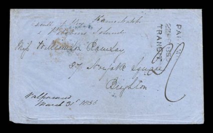 An extremely early 1855 stampless cover from Pitcairn Island, small lightly blued cover sent to Brighton, England, with manuscript endorsement at top left sentPitcairn Island,
sent first via Chile with ValparaisoMarch 31, 1855 manuscript en