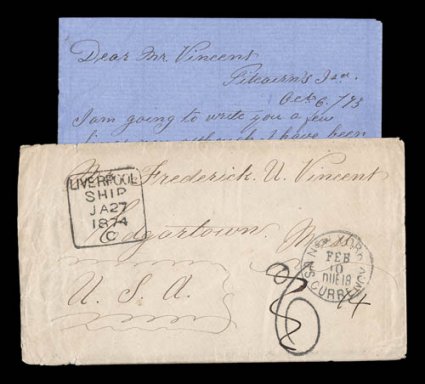 A highly important early 1873 stampless cover and original enclosure from Pitcairn Islands, cover itself is addressed to Edgarston, Mass. and sent via England with a perfect
boxed LiverpoolShipJa 271874 handstamp and an equally choice strike