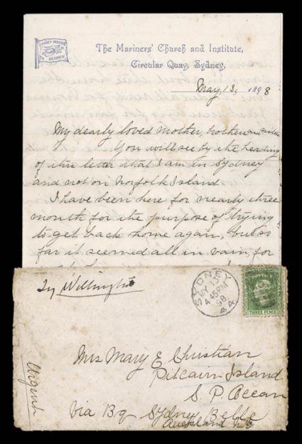 Important early May 13, 1898 cover from New South Wales to Pitcairn Island, accompanied by remarkable eight page original letter enclosure, cover bears a NSW 3p adhesive and
is tied by a SydneyMy 1398 duplex cancel, sent to Mrs. Mary E. Christ
