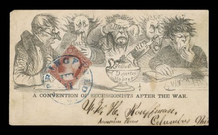 A Convention Of Secessionists After The War nearly all-over illustration, 3c Dull Red (26) tied by blue Springfield, Ill c.d.s. to Columbus Ohio, slightly reduced at right and
a few light age spots, otherwise very fine.