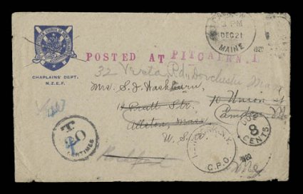 POSTED AT PITCAIRN. I clear red straight line handstamp on 1920 stampless cover to the United States, with Presbyterian Church of New ZealandChaplains Dept. blue corner card
imprint at top left, sent postage due as was allowed, with circula
