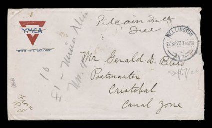 Pitcairn IsldFree manuscript endorsement on YMCA imprinted cover sent via New Zealand with Wellington27.SP.22N.Z. transit c.d.s., complete with letter from Fred Christian
dated September 7, 1922, slight edge fault to cover at right from op