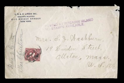 POSTED AT PITCAIRN ISLANDNO STAMPS AVAILABLE. two line type II cachet in violet (S.G. C2) on large part of oversized cover to Allston, Mass. from the famous Washburn
correspondence, with U S & A Lines Inc.Maritime Building8-10 Bridge Stree