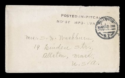 POSTED.IN.PITCAIRN.NO ST MPS.AVAILABLE two line handstamped type IXa cachet in black, similar to Stanley Gibbons cachet Type IXa (S.G. C11a var.), but larger measuring 65x10mm
instead of the listed 58x8 12mm, well struck showing an interest