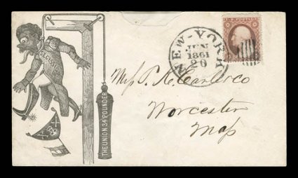 Hanging Secession large black design (Walcott 905), 3c Dull red tied by New York c.d.s and grid on cover to Worcester, flap missing and small cover repair at top not affecting
any of the important features, very fine appearance a rarely seen