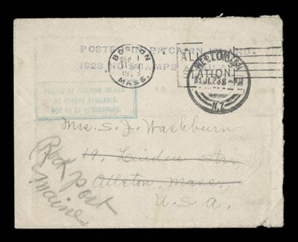 POSTED IN PITCAIRN ISLAND.1923 NO STAMPS AVAILABLE two line type IV cachet in black, choice strike (S.G. C4), along with POSTED AT PITCAIRN ISLAND.NO STAMPS AVAILABLE.NOT TO
BE SURCHARGED green boxed type VI cachet (S.G. C6), on sing