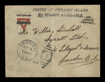 POSTED AT PITCAIRN ISLANDNO STAMPS AVAILABLE. black two line cachet (S.G. C8), excellent complete strike on New Zealand Y.M.C.A. imprinted cover to London, sent postage due
via the Canal Zone, where clear CristobalMy 9 1924C.Z. duplex can