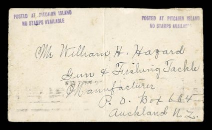POSTED AT PITCAIRN ISLANDNO STAMPS AVAILABLE. violet two line cachet similar to type XI cachet (S.G. C14 var.) but without period after ISLAND and measuring 45x9mm instead of
the listed 50x10mm, two excellent strikes on cover to Auckland, N