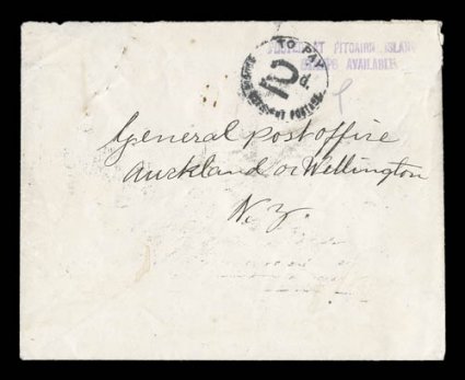 POSTED AT PITCAIRN ISLAND.NO STAMPS AVAILABLE violet two line type V cachet (S.G. C5), attractive complete strike on cover from R.E. Christian to the addressed to the General
Post Office in New Zealand, with circular To Pay2d. deficient po