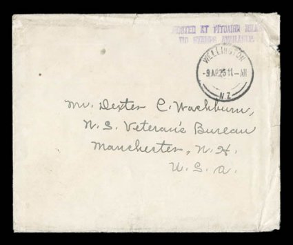 POSTED AT PITCAIRN ISLAND.NO STAMPS AVAILABLE. violet two line type XI cachet (S.G. C14), virtually complete strike on cover to Manchester, N.H., sent via New Zealand with
Wellington9.Ap.26N.Z. c.d.s. just below cachet, no other postal ma