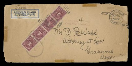 POSTED AT PITCAIRN ISLAND.NO STAMPS AVAILABLE. violet two line type XI cachet (S.G. C14), partial strike at top right corner of a frail business sized postage due cover to
Grapevine, Texas, with long and fascinating original enclosure filled