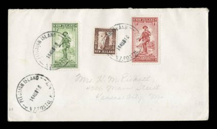 S.G. Z163, New Zealand stamps used in Pitcairn Islands, 1927-40, a marvelous and scarce assemblage of the various stamps of New Zealand all with Pitcairn IslandN.Z. Postal
Agency large type Z1 circular cancellations, includes twelve small pi