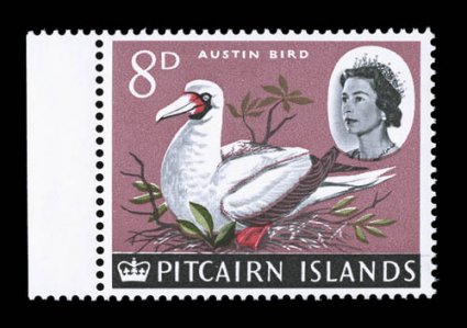 45a, 1964 8p Red-footed booby, gray (beak) omitted, gem left sheet-margin example of this scarce missing color error, exceptionally well centered, o.g., n.h., extremely fine
2002 Brandon certificate (S.G. 42a £450).