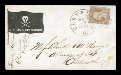 Jeff. Davis, His Marque, Skull and Crossbones, Black design (Walcott 1006), 3c Dull red (26) tied by Cleveland, O.May 17 1861 c.d.s. on cover to Chillicothe, part of flap
missing, otherwise quite fresh and very fine ex-Walcott, Chase an