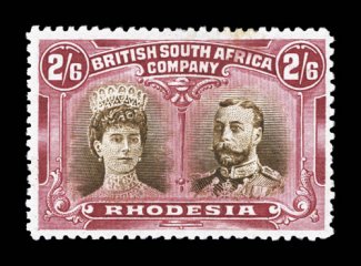 S.G. 156a, 1910 26 Bistre brown and crimson, an impressive mint example, not only being the rare shade, but also happens to be the short gash in ear variety(position 12), well
centered, strong rich colors, o.g., mild h.r., very fine 198