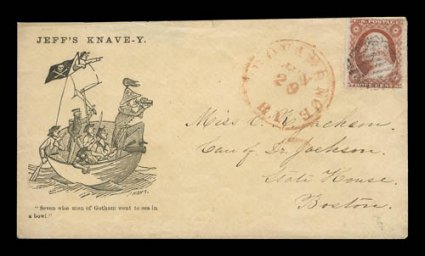 Jeffs Knave-y comical design in black (Walcott 889), 3c Dull red (26) tied by grid pmk. on cover to Boston, red Providence, R.I. c.d.s., small part of flap missing,
fine.