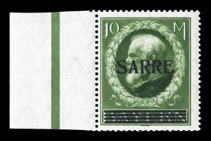 39, 1920 10M Yellow green overprinted Sarre, pristine left sheet-margin mint single, deep luxuriant color, o.g., n.h. (quite scare thus), nearly very fine for this high value
signed a couple of times including Pfeuler (Michel 31 Ç400).