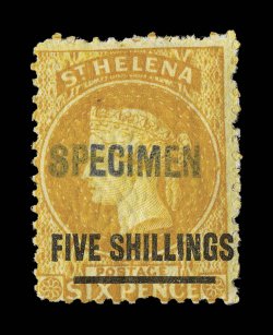 3S24S, 1868-73 12 to 5- Surcharges on 6p, with Specimen handstamp, set of ten values including the unoverprinted 6p Dull blue and the 4p in both red and brown, all are the
short bar variety except the 2p Yellow has the long bar, strong rich