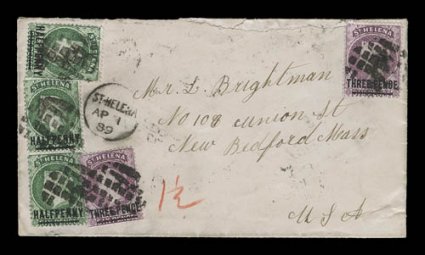 33, 37, 1884-94, 12p on 6p Green and 3p on 6p Deep violet, three of the former and two of the latter tied to scarce early whaling related cover to New Bedford, Mass. by square
grid cancels, with nice single strike of the matching St. HelenaAp