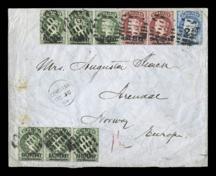 34, 35, 47, 1884-93 12p on 6p Deep green, 1p on 6p Red and 2 12p Blue, two strips of three of the 12p, pair of 1p and a single of the 2 12p, all tied to very scarce cover to
Norway by short bar grid cancellations, clear strike of St. He