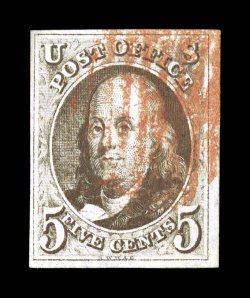 1a, 5c Dark brown, used, full to mostly large margins all around, deep rich color and a crisp detailed impression, red grid cancel, faint trace of a horizontal crease, otherwise
extremely fine clear 1979 PF certificate.