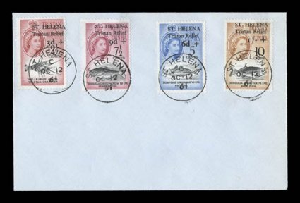 B1-4, 1961 2 12c + 3p to 10c + 1- Tristan Relief semi-postals, cplt., a well centered set tied to unaddressed cover by four individual strikes of St. HelenaOc 1261 first day
cancellations, most attractive and quite rare, very fine cat