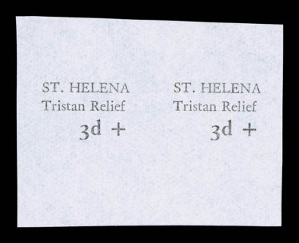 B1P, 1961 3p Tristan Relief semi-postal, proof of the surcharge for the 2 12p value, in black on plain wove paper, horizontal pair, positions R37-8 from the only recorded
sheet of 50 impressions, well margined, very fine a most unusual item f