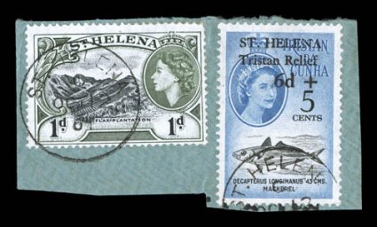 B2 var., 1961 5c + 6p Tristan Relief semi-postal, broken second e in Relief variety, well centered example tied to small piece along with 1953 1p Queen Elizabeth by St.
HelenaOc1261 first day cancellations, very fine (S.G. 173 var.