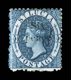 26, 1885 Six Pence Surcharge on (4p) Slate blue, an attractive mint example of this very scarce stamp, which was prepared for use, but never issued, rather well centered for
the issue, bright color, o.g., very fine for this 1983 Brandon certi