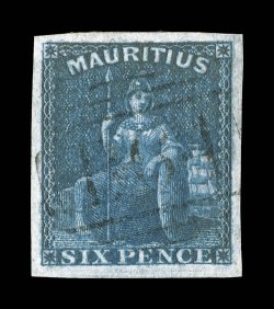 S.G. Z2, Mauritius 1859 6p Blue, a gem used example, featuring four exceptionally large and well balanced margins, deep rich color, neat perfect light strike of barred B64
numeral cancel of Seychelles, extremely fine quite likely the finest