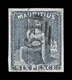 S.G. Z3, Mauritius 1859 6p Dull purple slate, a lovely four-margined example, with rich color and impression on bright paper, identifiable central strike of barred B64 numeral
cancel of Seychelles, small thin spot and a light vertical crease a