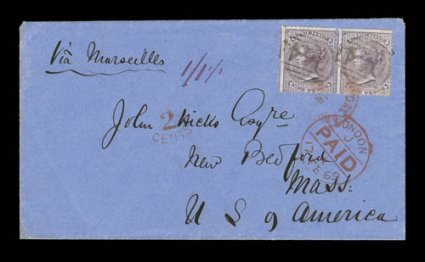 S.G. Z10, Mauritius 1860-63 9p Dull purple, horizontal pair, centered to bottom right, tied to deep blue colored cover to New Bedford, Mass. by two light but readable strikes
of B64 barred numeral cancels of Seychelles, originating Seychelles
