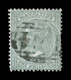 S.G. Z12, Mauritius 1860-63 1- Green, attractive sound example with identifiable central (inverted) strike of barred B64 numeral cancel of Seychelles, fine and rare 1978 RPS
certificate.