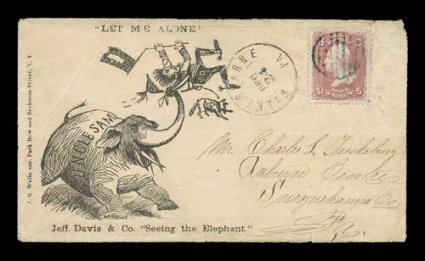 Seeing the Elephant black imprint and design, with Let Me Alone at top (Walcott 1038), 3c Rose (65) tied by grid and with Wilkes Barre, PaDec 24 matching c.d.s. on cover to
Auburn Centre, Pa., cover opened and right and bottom, minor wea