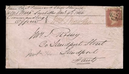 1876 Sailors concessionary rate cover from Seychelles to Hampshire, pink colored cover with manuscript endorsement at top left From Chas. Townsend Ships StewardH.M.S. Wasp
Seychelles Novr. 4th 1866, signed by the Commanding Officer and bea